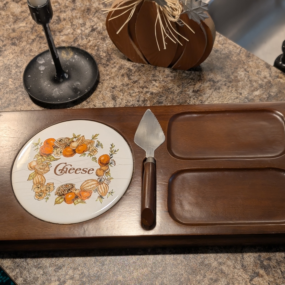 Vintage 1970s Wooden Cheese Board Set | Charcuterie Board